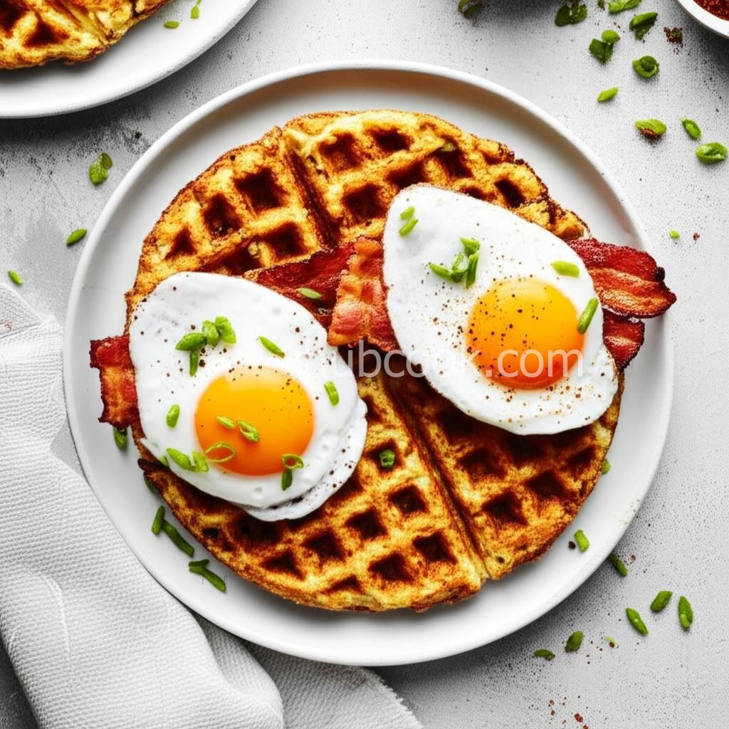 Broccoli & Cheese Veggie Tots Waffles with Bacon and Eggs